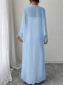 Rafferiza Women's Strapless High-End Jumpsuit With Extra Long Gold Lace Patchwork Chiffon Shawl 2 Pieces Set - Baby Blue - View 2