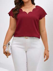 Chikora Plus Size Shell Trim Square Neck Short Sleeve Elegant Blouse - Burgundy - View 3