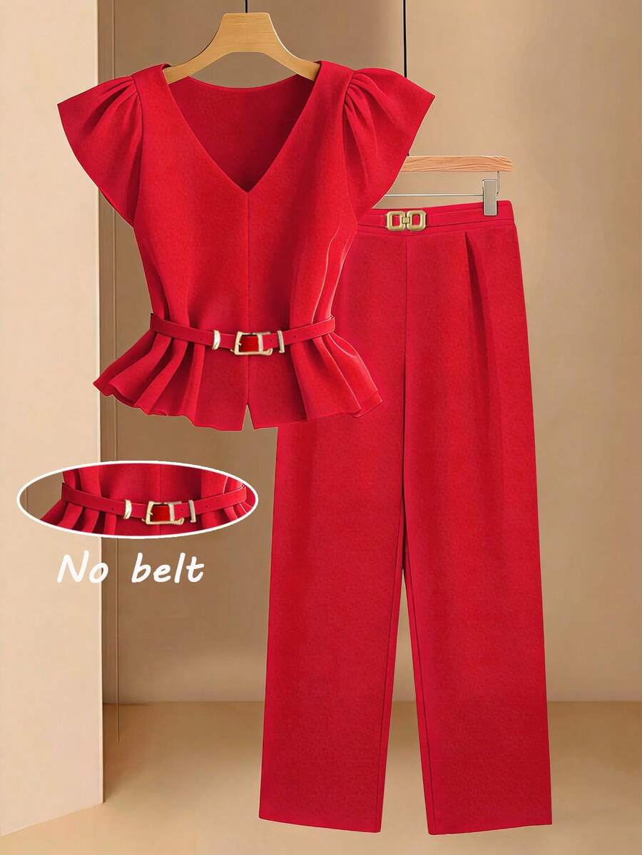 GlowEve Bộ đồ nữ màu trơn cổ chữ V xếp ly và quần ống rộng kiểu dáng thường ngày. - Đỏ - Xem 1