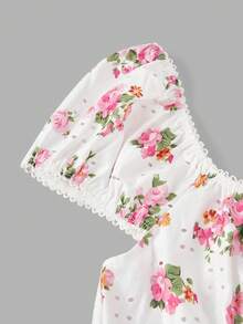 SHEIN MOD 女款方領蕾絲拼接碎花夏季上衣，白色與粉色端莊野餐短袖乳女上衣，波西米亞鄉村風海灘風 - 彩色 - 查看 6