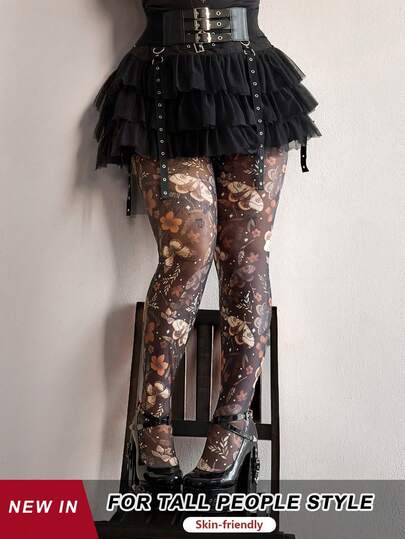 SHEIN Tall CURVE Mesh Sheer Printed Elegant Retro Punk Goth Grunge Casual Cool Leggings For Tall Plus Size Women