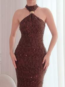 Turnttoni 棕色露背金属扣缀饰直筒亮片优雅连衣裙，适合鸡尾酒会、浪漫约会、秋冬分层连衣裙、派对、正式聚会、万圣节连衣裙、圣诞节连衣裙 - 棕色 - 查看 3