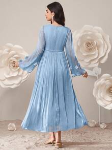 SHEIN Vestido elegante de manga larga con cuello redondo y drapeado en unicolor para maternidad - Celeste - Ver 2