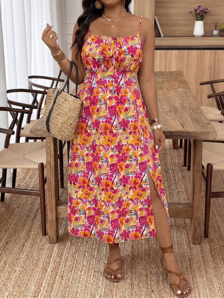 SHEIN Frenchy Đầm slip dáng suông xẻ tà in hoa dành cho nữ cỡ lớn - Nhiều màu - Xem 1