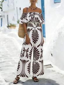 SHEIN Holidaya Bộ jumpsuit nữ trễ vai in họa tiết lá cây, kiểu dáng thường ngày, thích hợp mặc hàng ngày. - màu nâu - Xem 1