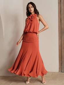 Anewsta Spring/Summer New Holiday Party Halter Sleeveless Detachable Floral Decor Waist Splice Ruffle Hem Romantic Elegant Maxi Dress For Women - Coral Orange - View 7