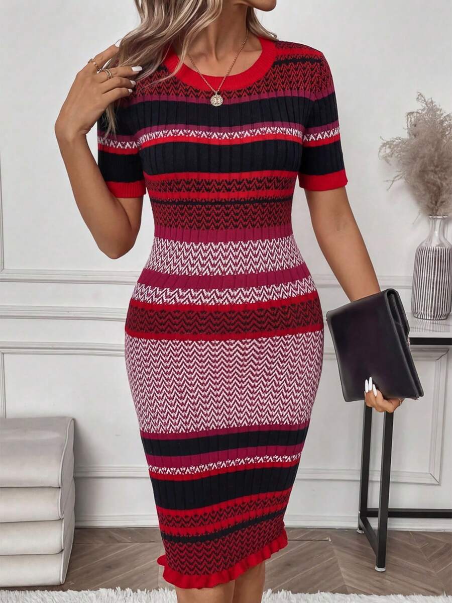 SHEIN Vestido corto de mujer con cuello redondo, ajustado y con rayas retro - Multicolor - Ver 1