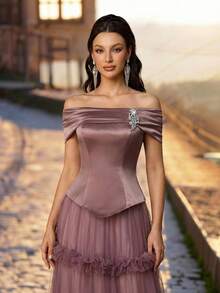 Aureia Elegant Luxury Vintage Off Shoulder Satin Patchwork Maxi Dress,Handcrafted Rhinestone Decor Tulle 3D Floral Design,Formal Gown For Weddings & Galas - Purple - View 4