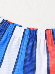 SHEIN Playful Pals 2件套男婴彩色复古时尚polo领撞色条纹短袖套装，适合外出、休闲、运动、派对等场合，展现活力和个性。 - 藍色 - 查看 6