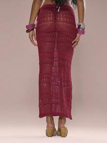MUSERA Chân váy maxi dệt kim rách rưới với chi tiết đính cườm và dây buộc, chỉ dành cho kỳ nghỉ hè, đi biển, Ibiza, dễ thương, lễ hội, thanh lịch, trăng anh đào. - Màu Đỏ Sâu - Xem 4