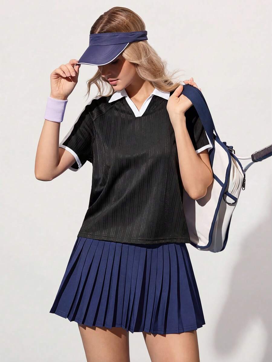CourtClass Women's Sporty Casual Contrast Color Polo Collar Short Sleeve Tennis Shirt - Black - View 1
