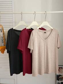 Comfortcana 3pcs/Set Plus Size Casual V-Neck T-Shirts, Spring/Summer - Multicolor - View 3