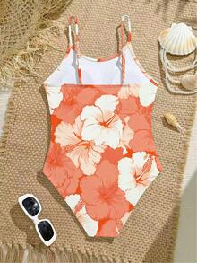 SHEIN Tween Girl Floral Print Spaghetti Strap One-Piece Swimsuit - Red - View 2