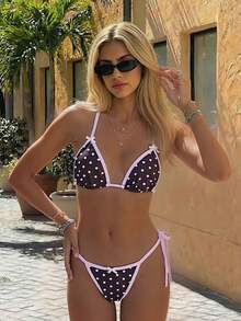 Swim Mod Women's Polka Dot Bow Tie Halter Bikini Set, Summer Holiday Beach 2-Piece - Multicolor - View 1