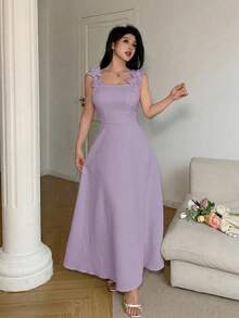 Feyla 女士纯色简约日常3D花卉装饰吊带连衣裙 - 淡紫色 - 查看 3