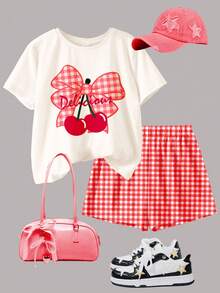Cute Mini Red Plaid, Cherry Pattern, Tween Girl Casual Minimalist Short Sleeve Round Neck T-Shirt And Shorts 2-Piece Set, Suitable For Summer Vacation - Multicolor - View 3