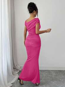Modelyn Asymmetric Metal Buckle Decor Pleated Fitted Elegant Dress For Women - Hot Pink - View 4