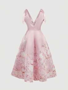 SHEIN MOD Váy cưới nữ size lớn phong cách Cottagecore thanh lịch in hoa thắt eo cho đám cưới, kỳ nghỉ, tiệc hẹn hò, tiệc khách mời đám cưới, váy hoa hồng bụi, váy trà, váy hoa trang trọng, váy cho nữ, trang phục mùa hè, trang phục trà nữ, trang phục - Hồng - Xem 2
