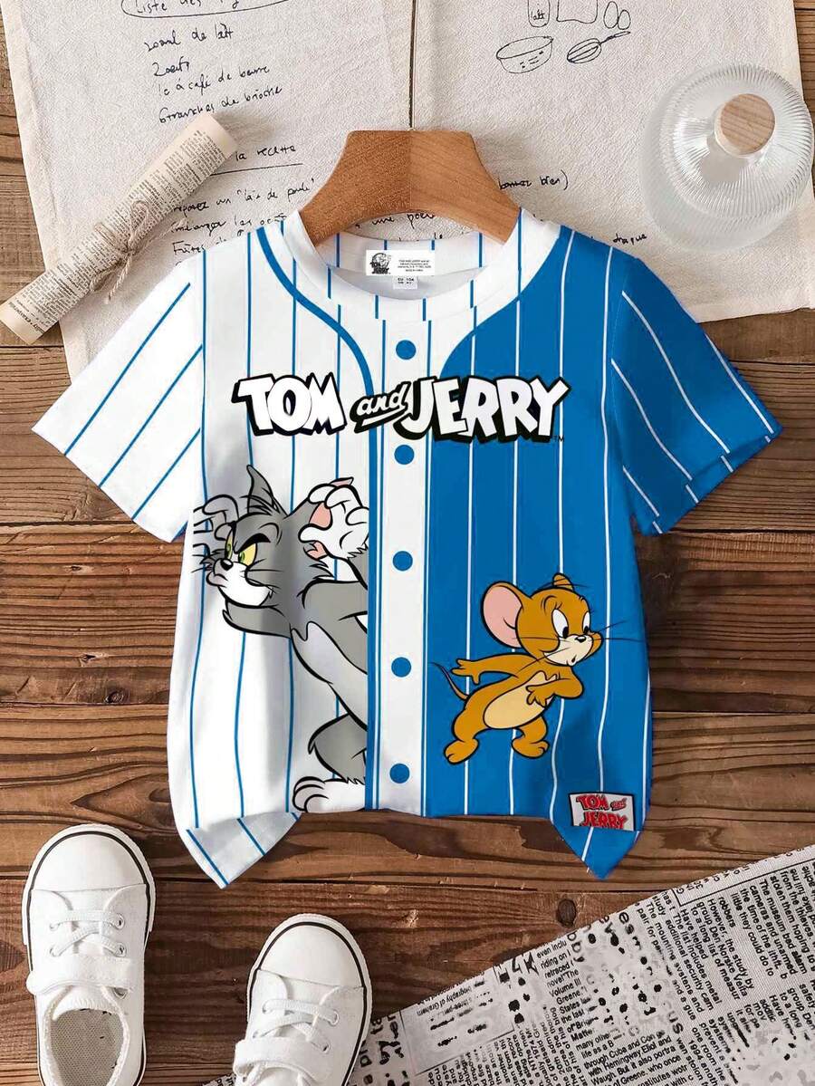 TOM & JERRY X SHEIN 男婴休闲撞色条纹卡通印花圆领短袖上衣，夏季 - 白色 - 查看 1