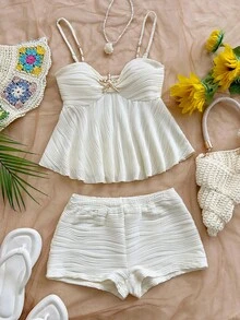 Soleia 女士纯色吊带荷叶边两件套，时尚夏季 - 白色 - 查看 6