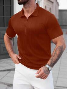 Manfinity CasualCool 男士休闲纯色短袖Polo衫，适合夏季日常通勤 - 棕色 - 查看 5