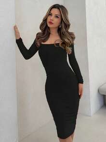 Jemour Prom Dress;Square Neck Ruched Mesh Bodycon Dress - Black - View 6