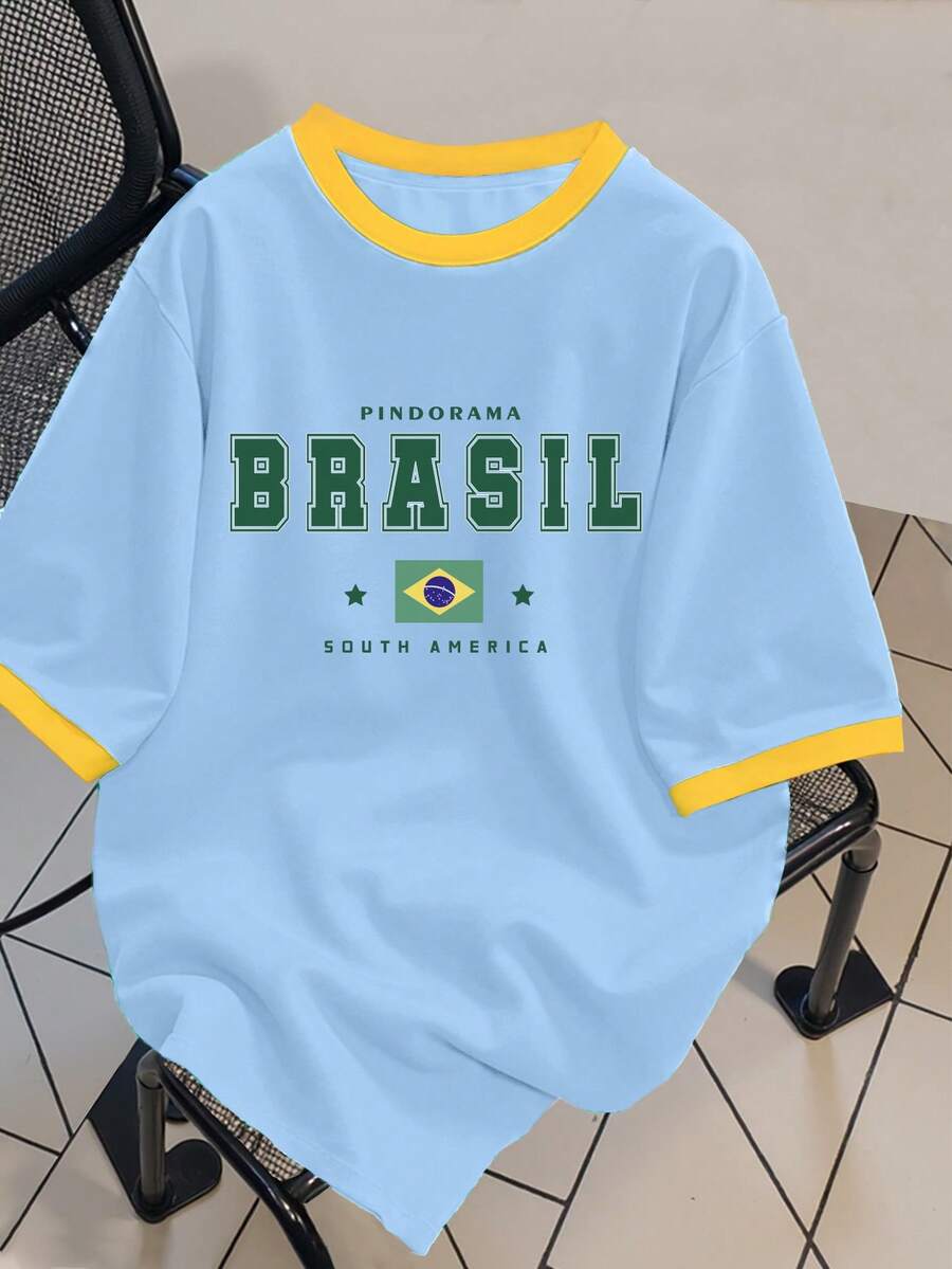Manfinity Campus Court Men's Sports Outdoor Soccer Style Green T-Shirt Regular Length With Brasil Letter Print Polyester Round Neck Short Sleeve - Blue - View 1