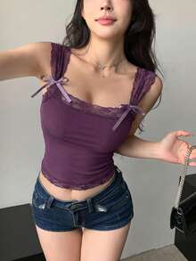 DAZY Lace Trim Tie-Up Fitted Sleeveless Camisole For Women - Purple - View 4