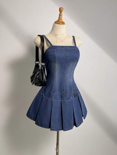 Elamini Women's Casual Fashion Street Chic Daily Commute Buckle Detail Pleated Hem Denim Slip Dress, Summer