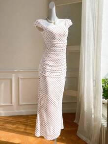 Vestido elegante de mujer con lunares y malla con bajo de cola de pez, para primavera/verano - Blanco - Ver 7
