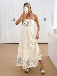 Easowa Women's Casual Embroidered Ruffle Hem Slip Dress - Apricot - View 5
