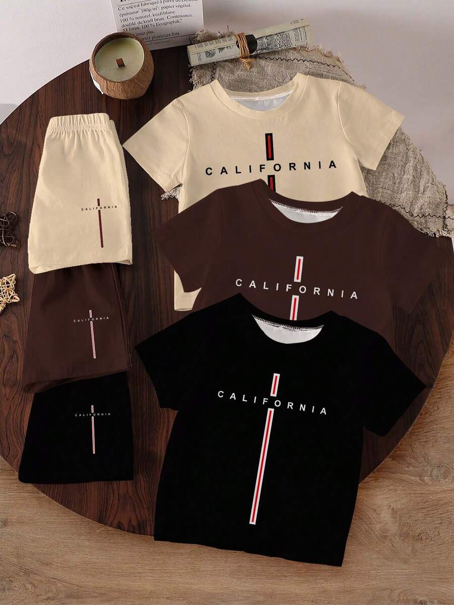 3件套幼儿男童休闲基础款字母“California”及十字印花短袖T恤和短裤套装，日常穿着，春夏款，可爱杏色、棕色和黑色套装 - 彩色 - 查看 1