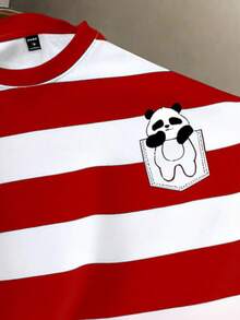 Manfinity Joysei Men's Casual Striped Panda Print Round Neck Short Sleeve T-Shirt, Summer - Red and White - View 2
