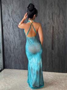 Vassilux Solid Blue Backless Spaghetti Strap Bodycon Dress, Elegant Backless Maxi Dress For Beach Vacation, Sexy Backless Gown, Elegant Dress For Date, Birthday, Nightclub Party, Formal Occasion, Elegant Printed Dress,Valentine's Day,Valentine Outfits For Women - Blue - View 2