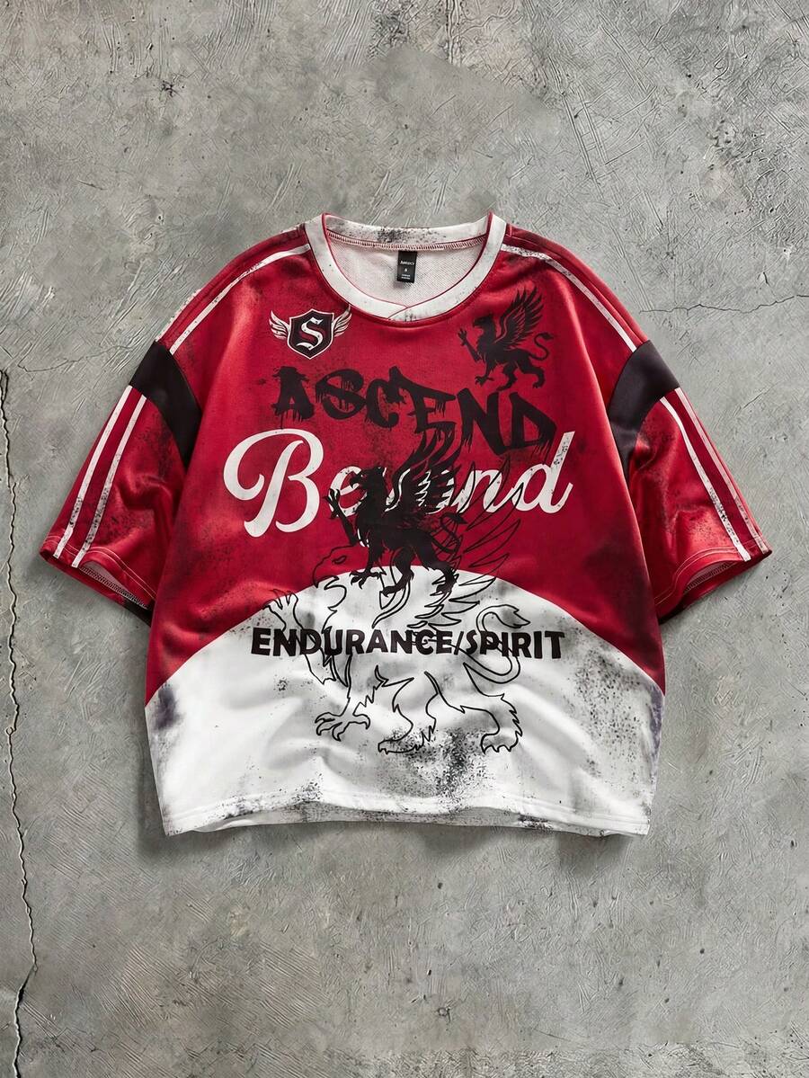 ROMWE MEN Street Life Men's Tie-Dye Digital Print Round Neck T-Shirt - Burgundy - View 1