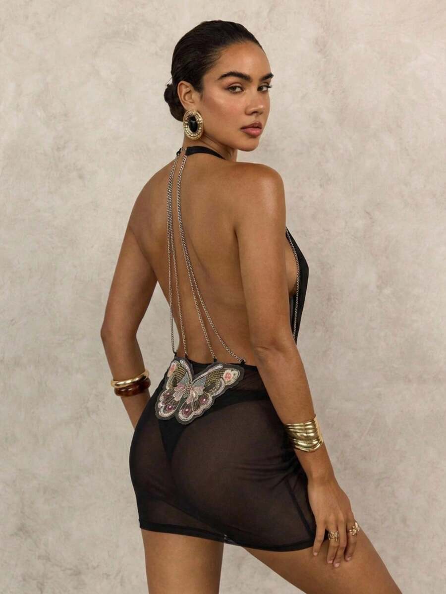 Swim Glamine cache-maillot de plage sexy et transparente pour femmes avec maille, sequins, broderie papillon et chaîne décorative, dos nu et col ras-du-cou - Beige - Voir 1