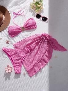 Bonvoyette Pink Summer Casual Beach Vacation Holiday Women's 3 Piece Outfit,Solid Color Metal Decor Halter Neck Bikini Set With Tie-Front Skirt Festival Sets - Pink - View 3