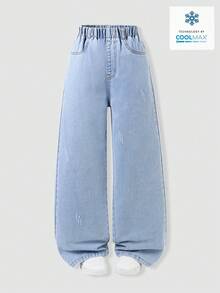 SHEIN Streecool Kids 2026年新款青少年男童四季皆宜天丝牛仔阔腿裤，高腰弹力腰带宽松直筒长裤，轻盈透气，触感凉爽，休闲运动百搭，贴身舒适，日常穿着，度假音乐节必备，酷炫牛仔裤，宽松牛仔裤，浅色水洗牛仔裤，肥大牛仔裤 - 淺色水洗藍 - 查看 4