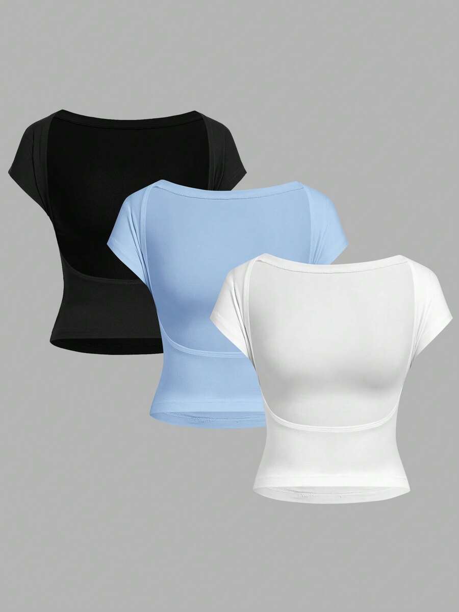 SHEIN EZwear 女士休闲简约V领短袖T恤,黑/蓝/白唇印图案,适合春夏旅行、度假、约会 - 彩色 - 查看 1