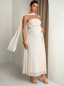 MaterniChic Maternity Clothes White,Summer,Elegant,Formal Two Piece Set,Comfortable Soft Highly Elastic Solid Tube Top And Adjustable Waist Skirt Vintage Outfit - White - View 6