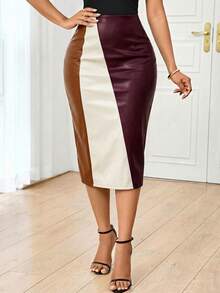 SHEIN Lady 女士撞色高腰修身优雅半身裙 - 彩色 - 查看 5