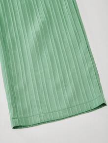 2 pièces/Set T-shirt à imprimé floral tout-sur-tout et pantalon texturé à jambes larges taille haute pour filles - Vert menthe - Voir 5