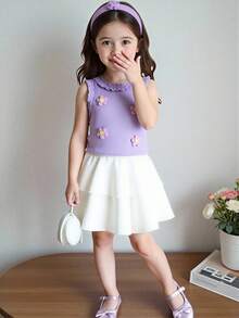 SHEIN Genkimix Kids 小女孩可爱度假风荷叶边吊带背心搭配拼布蛋糕裙，手工3D立体花卉针织套装 - 紫色 - 查看 4