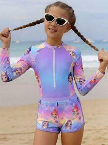 新款时尚女童泳衣套装，连体泳衣带短裤，前拉链，两件套泳装 - 彩色 - 查看 2