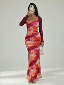 Nevyona Women's Fashionable Elegant Vacation Casual Square Neck Tie Dye Splice Long Sleeve Bodycon Dress Beautiful Dresses For Women Dresses For Woman Vacation Latest Dress Long Dresses Bodycon Beautiful Dresses For Woman Beach Outfit For Women Dress Long Dress For Beach Women's Beach Outfits Long Summer Dresses For Women Beach Dresses For Women Elegant Dresses For Party Net Breathable Fabric Oil Painting Dress Body Con Dress For Women - Multicolor - View 5
