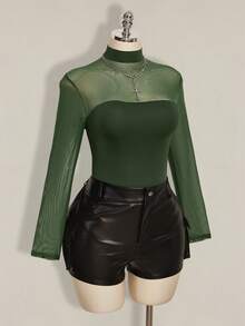 SHEIN ICON Plus Size Y2K Sexy Mesh Patchwork Bodysuit - Green - View 10