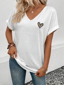 Selamara New Fashion Casual Women T-Shirt With Heart And Leopard Print Elements, V-Neck - White - View 6