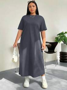 SHEIN EZwear Deep Grey Casual Long T-Shirt Dress, Plus Size - Dark Grey - View 1