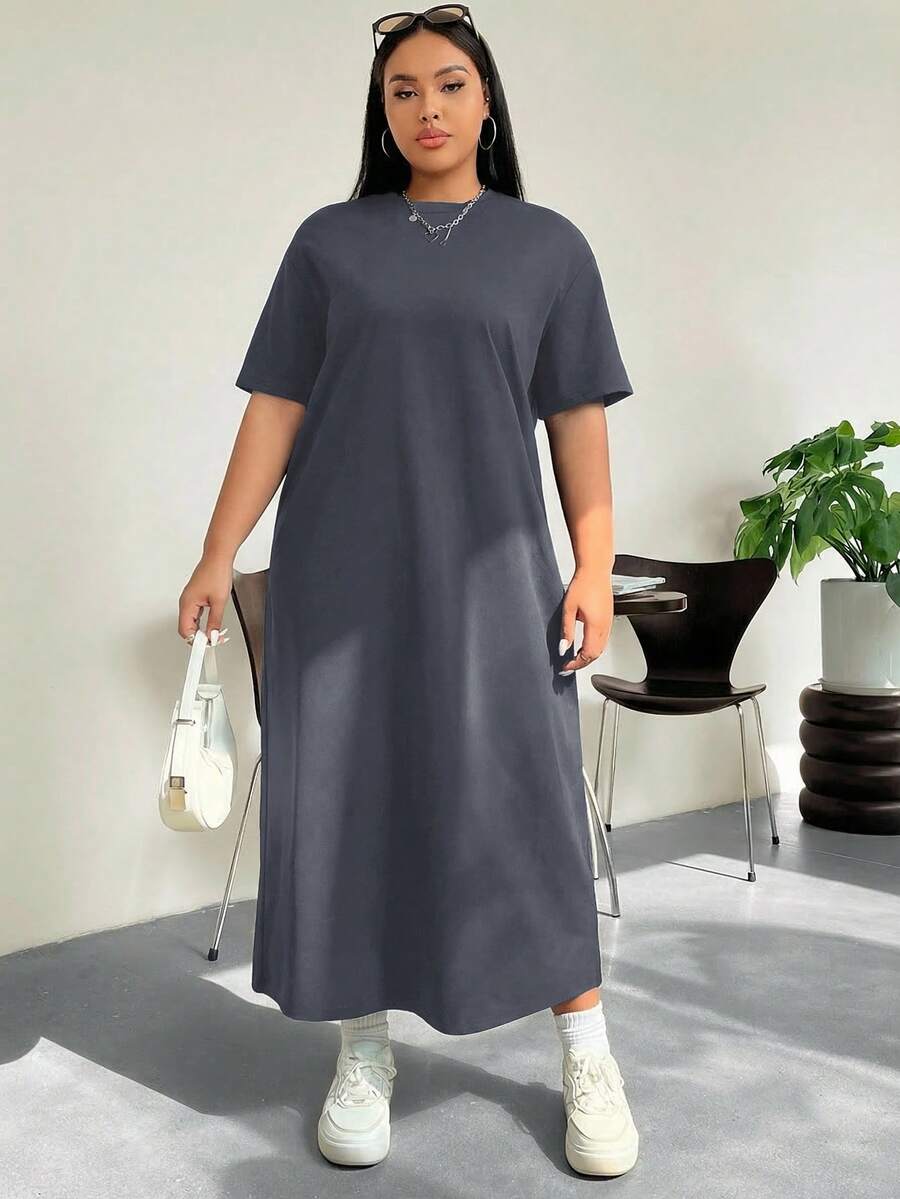 SHEIN EZwear Deep Grey Casual Long T-Shirt Dress, Plus Size - Dark Grey - View 1