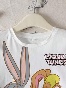 LOONEY TUNES X SHEIN Camiseta casual de manga corta con cuello redondo y estampado de dibujos animados para niña preadolescente - Blanco - Ver 5